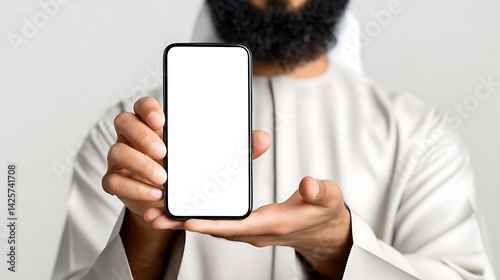 Bearded Arabian Man with White Saudi Dress is Holding Smartphone with White Blank Screen Mockup : Suitable for Be Used in Content Related to Technology Theme.