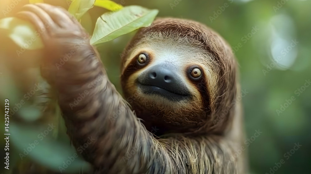 Enchanting sloth portrait amidst the lush jungle canopy with golden light Enchanting sloth portrait amidst the lush jungle canopy with golden light
