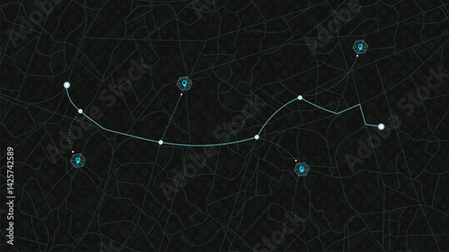 Travel concept. Geolocation and abstract GPS navigation, place mark with map navigation. Tracking path with app. Vector illustration