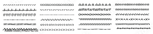 Hand drawn line, border, frame design element set isolated on white background