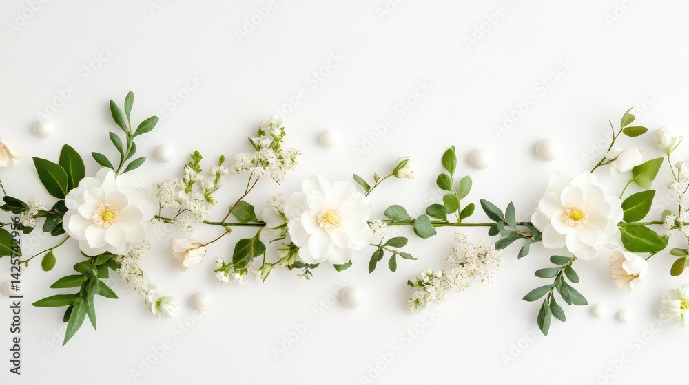 Delicate wax flowers and greenery in a repeating pattern, elegant white background Delicate wax flowers and greenery in a repeating pattern, elegant white background