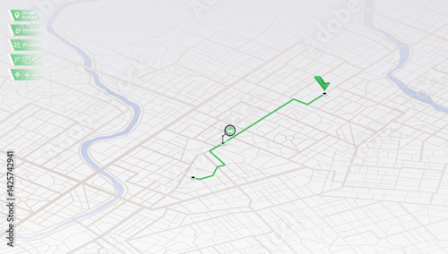 Online location tracking with data of arrive time on city map. Huge isometric city map with roads streets as background. Vector illustration