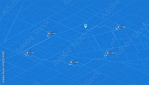 GPS navigation. Package delivery route, navigation plan to multiple package positions. Isometric city scape navigation on detailed map. Real time location with map markers. Vector illustration