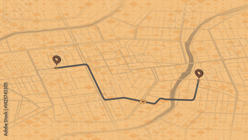 Futuristic city map with GPS navigation route. Urban landscape with path. Smart transportation and logistics concept. Vector illustration for navigation tracking