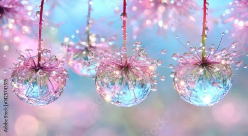 In a close-up view, the delicate petals of a pink flower are accentuated by sparkling water droplets, each one a miniature world that embodies the soft, ethereal beauty and wonder of the natural