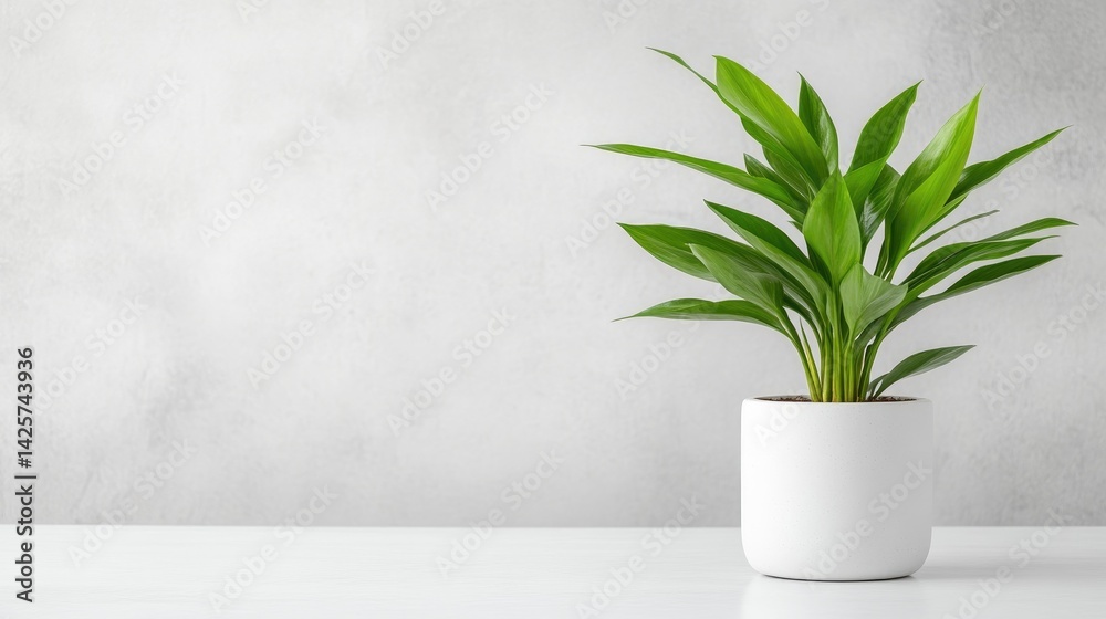 Fototapeta premium A vibrant green houseplant in a white ceramic pot sitting on a minimalist white table against a soft grey wall, and indoor decor concept.