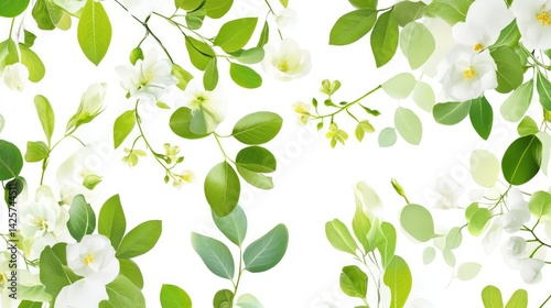 Seamless pattern of green leaves and wax flowers on white, fresh botanical wallpaper