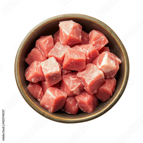 Diced pork in brown bowl on transparent Background