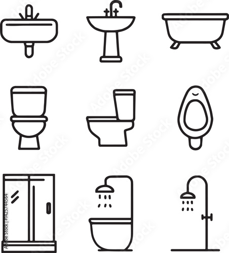 Set of bath, toilet and shower icon