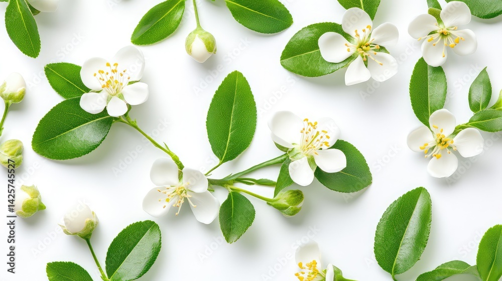 Fototapeta premium Wax flower and green leaves repeating on white, fresh botanical style wallpaper