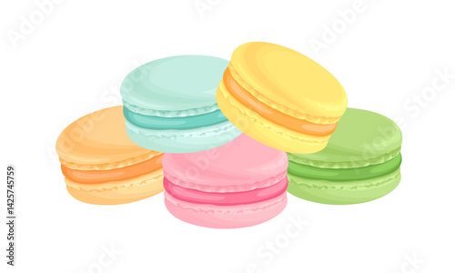 Pile of colorful macarons isolated on white background. 
Vector cartoon flat illustration of bright sweet cakes