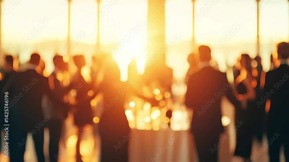 Blurred people gather at a networking event during sunset for business or celebration.