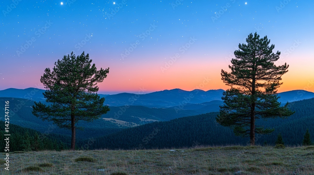A stunning image of pine trees silhouetted against the vast night sky, with its deep blue hue, forms a captivating contrast with the star-filled background A stunning image of pine trees silhouetted against the vast night sky, with its deep blue hue, forms a captivating contrast with the star-filled background