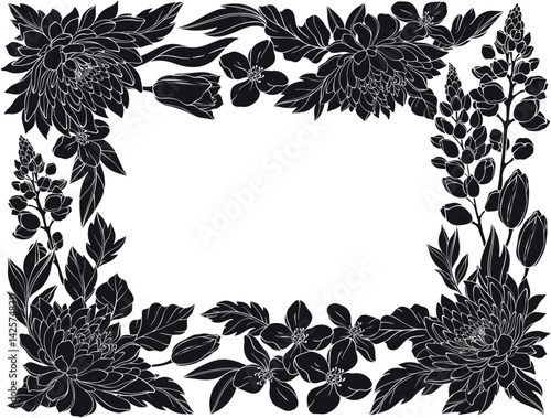 A vector silhouette black illustration of a floral frame composed of chrysanthemums, tulips, and blossoms on a white background