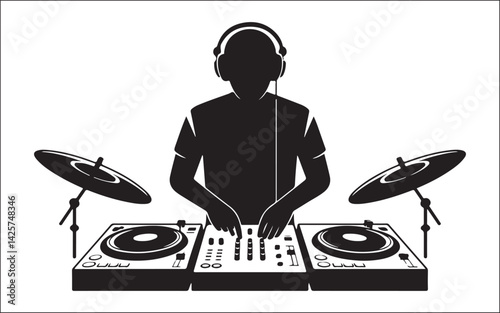 Silhouette DJ at Turntable with Headphones and Drum Set Vector Art