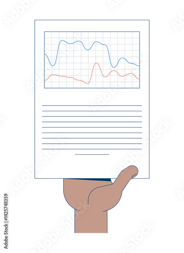 Hand holding dual-line graph report vector illustration. Comparative trends. Corporate paperwork. Business fluctuations analytics 2D cartoon image isolated on white. Editable flat clipart colorful