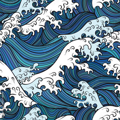 A seamless vector pattern illustration featuring stylized ocean waves in dynamic blue tones with foamy crests