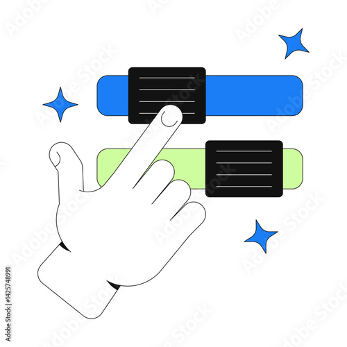 Hand interacting with sliders toggles 2D onboarding ui illustration. User customization. Interface configuration. Interactive control cartoon concept isolated on white. Flat abstract vector metaphor