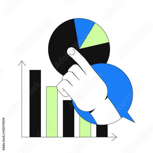 Interactive data analytics 2D onboarding ui illustration. Study graph. Business intelligence. Hand interacting with pie and bar charts cartoon concept isolated on white. Flat abstract vector metaphor
