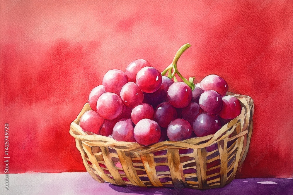Watercolor still life of red grapes in a woven basket. Watercolor still life of red grapes in a woven basket.