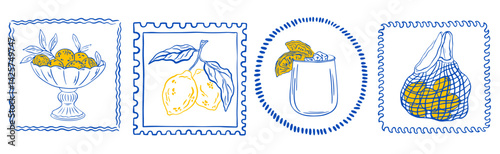 Vintage Italian summer vacation poster with lemons set. Hand drawn retro frame or border element design, elegant scenes or Sicilia or amalfi badge. Vector travel postcard stamp, summer engraving