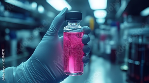 Scientist holds vial of pink liquid in gloved hand inside modern laboratory setup. photo