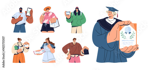 People show documents, papers set. Characters pass passport control, hold ID card, visa, certificate, qrcode for travel. Student with diploma of education. Flat isolated vector illustration on white