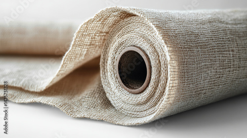 roll of fabric made from cotton linen blend is displayed, showcasing its textured surface and natural color. fabric is rolled neatly, highlighting its quality and versatility for various uses