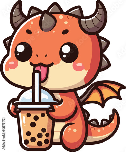 Cute Chibi Dragon Drinking Bubble Boba Milk Tea Character Cartoon Illustration