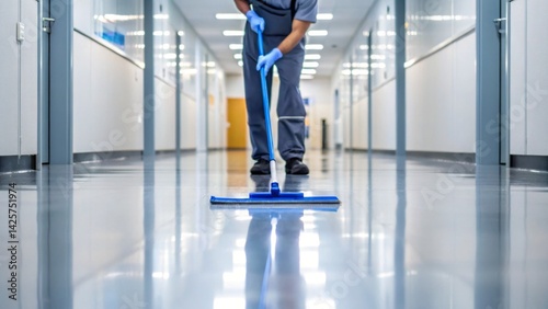 A person in gray uniform uses a mop to clean a shiny floor in a contemporary office hallway filled with bright overhead lights. The space is tidy and organized, featuring smooth walls
