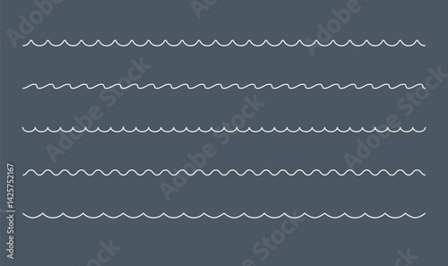 Ocean, sea wave pattern border, divider. Line minimalist wavy water shapes. Vector horizontal wavy underlines set