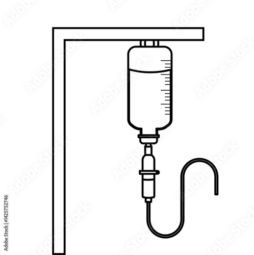 Graphic icon of a hanging IV and IV tubing delivering medication in 
the medical field. Outline Vector. 