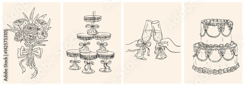 Hand drawn chalk Italian style wedding posters. Wine, champagne tower, bouquet cake drawings for wedding invitations, menu and parties. Ink doodle sketch style. Coquette vintage vector illustrations