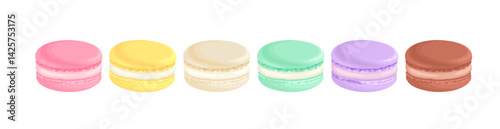 Set of multicolored macarons dessert isolated on white. Vector cartoon flat illustration. 