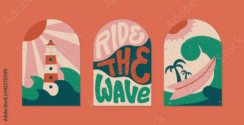 Bright retro style surf card, banner template. Modern abstract summer illustration, quote, ocean waves, sun vector cover, print