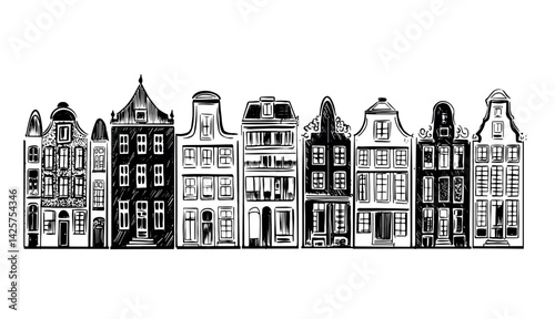 Amsterdam canal houses, Buildings standing in row black on white. Hand drawn illustration.	
