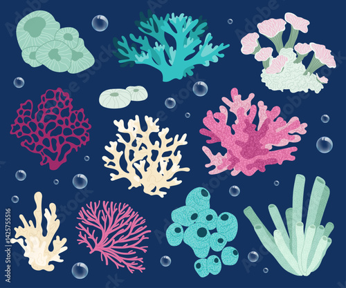 Set sea corals. Tropical underwater flora. Colorful coral reef. Flat illustration of coral reef in the ocean, underwater marine tropical seabed.