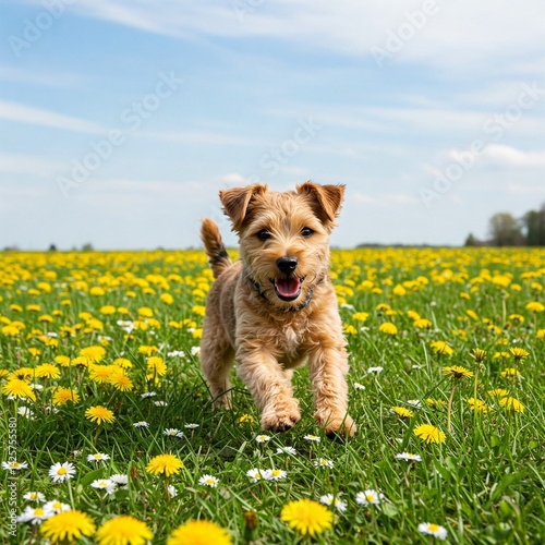 Playful dog running free in a spring field of dandelions and daisies