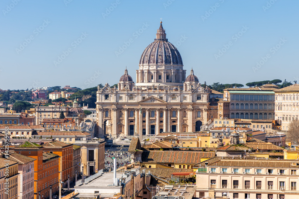 Rome skyline with St. Peter's Basilica in Vatican from above in Italy