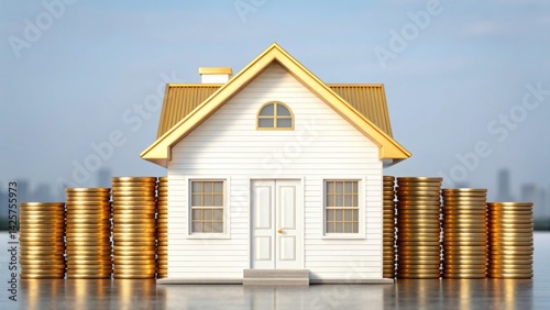 A modern house with a golden roof stands amid tall stacks of coins, representing investment and financial stability in a city environment on a clear day