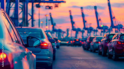 Wallpaper Mural Close-up of cargo ship transporting brand new vehicles at sunset, with port cranes in distance. Automotive logistics, international shipping and global trade concepts. Torontodigital.ca