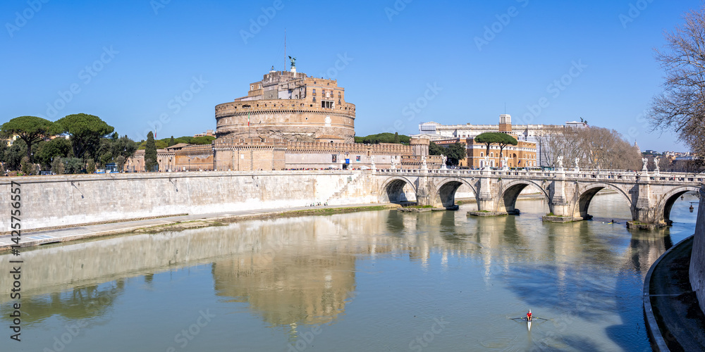 Historic Castel Sant'Angelo with Ponte Sant'Angelo bridge and Tiber river panorama in Rome, Italy