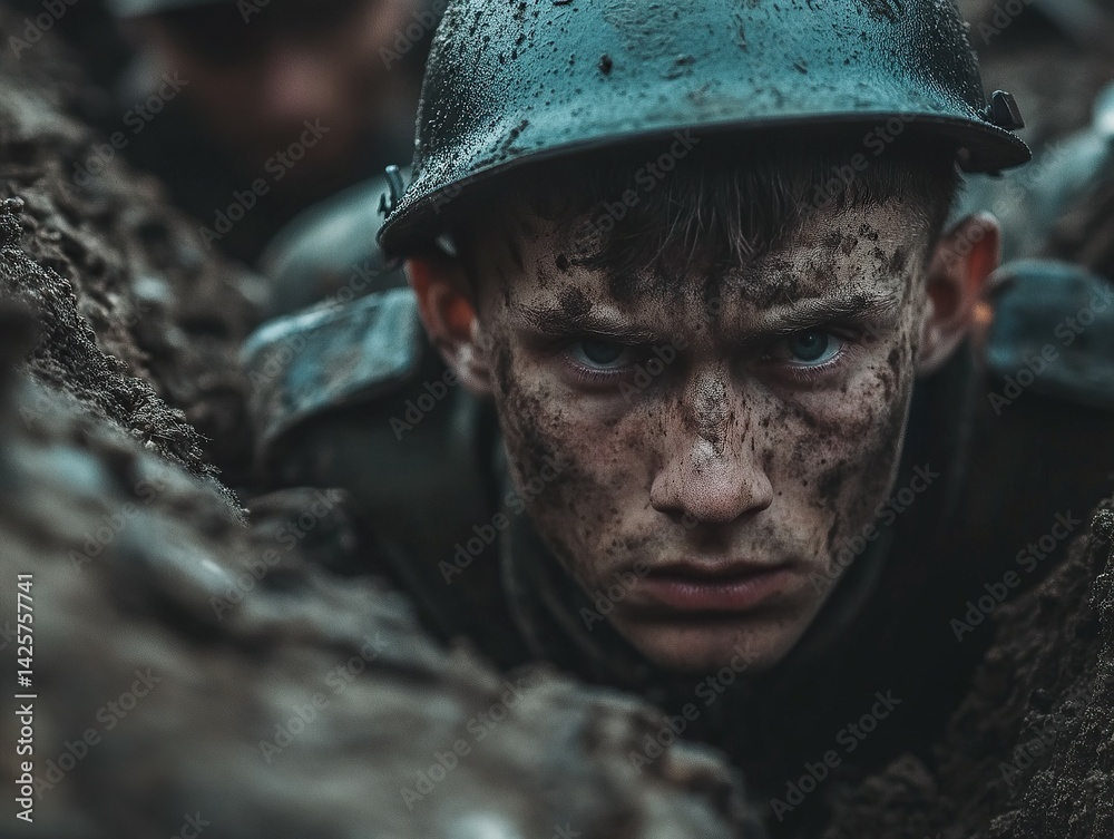 Fototapeta premium Mud-caked soldier in a trench, stares intently, his helmet reflecting the dim light. Focus on determination.