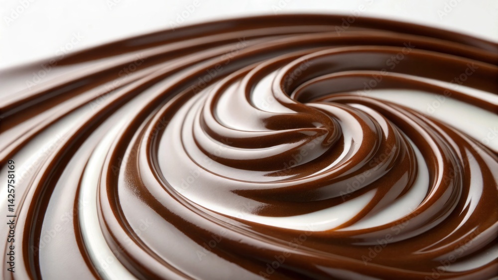 Dark chocolate syrup is swirled in an intricate pattern on a smooth, light surface. The glossy texture enhances the visual appeal, inviting indulgence and creativity Dark chocolate syrup is swirled in an intricate pattern on a smooth, light surface. The glossy texture enhances the visual appeal, inviting indulgence and creativity