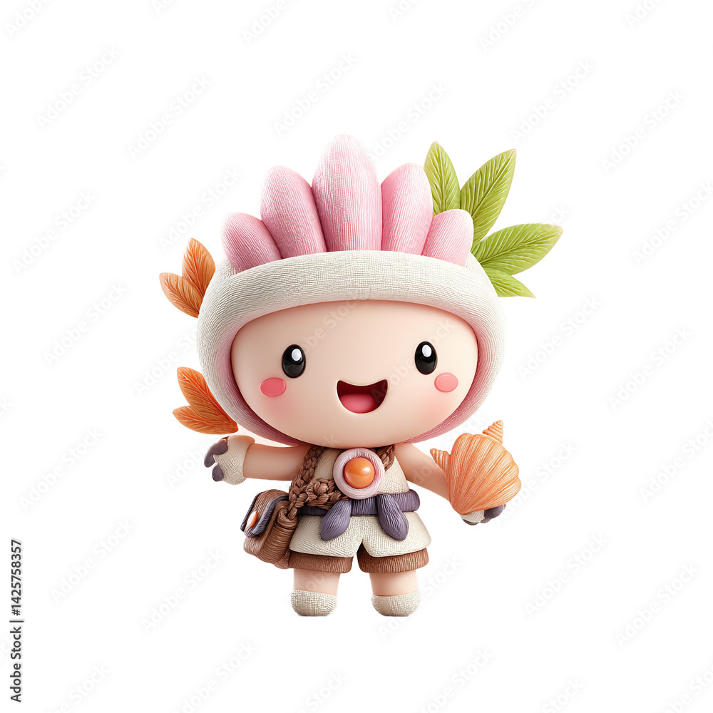 Fototapeta premium Cute Cartoon Character Smiling and Holding Shell, Transparent Background