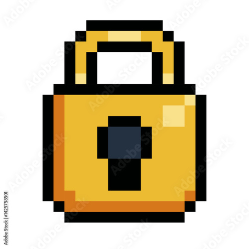 Pixel art yellow lock icon symbolizing security, information protection, and privacy. Great for apps, websites, and retro-styled games. Vector illustration isolated on white background.