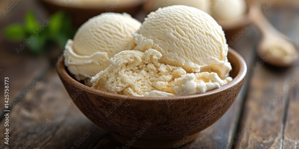 Creamy vanilla ice cream scoops in a wooden bowl on a rustic table top