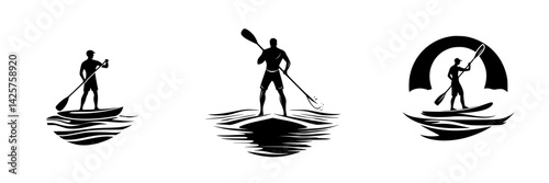Black icon set of paddleboarding silhouettes on water, showcasing different positions and actions during the activity