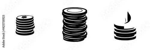 Set of black icons depicting stacks of coins in various arrangements for financial themes and concepts