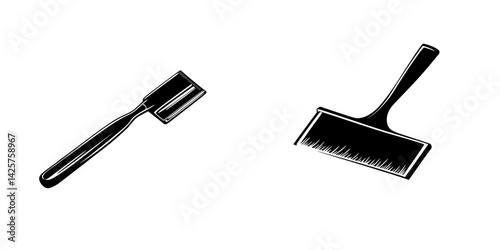 Set of black icons representing a paint roller and a paint scraper on a plain background for graphic design use